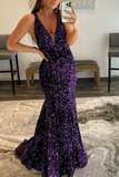 Purple V-Neck Long Mermaid Prom Dress With Sequins HZ1023