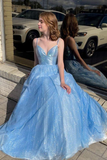 Sky Blue A-line Princess Spaghetti Straps Long Formal Evening Dresses Prom Dresses HZ1023