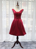 Beautiful Dark Red Satin V-Neckline Party Dress, Charming Short Homecoming Dress HZ1023