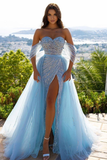 Off-the-Shoulder Sky Blue Prom Dress Sequins With Slit HZ1023