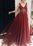 Charming V-Neckline Tulle Beaded Prom Gown, Evening Dresses HZ1023