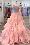 Gorgeous One Shoulder Beaded Pink Long Prom Dresses, Fluffy Pink Formal Evening Dresses, Beaded Ball Gown HZ1023