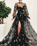 Black High Neck Sparkly Long Sleeve Unique Prom Dress Gorgeous Evening Gowns HZ1023