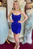 Royal Blue Beaded Lace-Up Bodycon Mini Homecoming Dress HZ1023