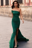 Dark Green One Shoulder Long Mermaid Prom Dress With Split HZ1023