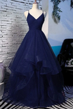 Fluffy V Neck Navy Blue Long Prom Dress with Straps, V Neck Navy Blue Formal Dress, Navy Blue Evening Dress HZ1023