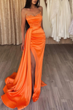 Orange Strapless Long Mermaid Prom Dress Split With Ruffles HZ1023