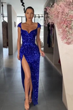 Cap Sleeve Royal Blue Prom Dress Sequins HZ1023