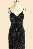 Black Sequins V-Neck Spaghetti Straps Mini Homecoming Dress HZ1023