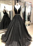 Sexy Black V Neck Tulle Lace Beaded Long Prom Dress, Black Evening Dress Formal Wear HZ1023
