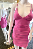 Hot Pink Lace-Up Ruched Mini Homecoming Dress HZ1023