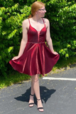 Wine Red Plunge Neck Backless A-Line Short Homecoming Dress HZ1023