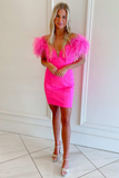 Hot Pink Off-the-Shoulder Feathered Short Party Dress HZ1023