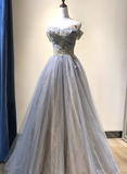 Charming Grey-Blue Tulle Floor Length Party Dress Beautiful Formal Gown HZ1023
