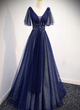 Navy Blue V-Neckline Long Tulle Party Dress With Sleeves, Blue Bridesmaid Dresses Party Dress HZ1023
