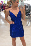 Royal Blue Sequins Bodycon Mini Dress with Straps HZ1023