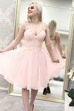 Pink Spaghetti Straps Lace Appliques Short Homecoming Dress HZ1023