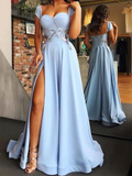 Cheap Blue Side Slit Long A Line Prom Dress with Cap Sleeves HZ1023