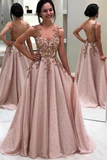 Luxury Beaded Long Prom Dresses, A-Line Popular Appliques Evening Dresses HZ1023