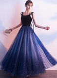 Blue Tulle With Velvet Straps Long Party Dress, Gorgeous Formal Gown HZ1023