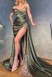 One Shoulder Long Sleeve Sweetheart Prom Dress Mermaid Split With Beadings HZ1023