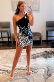 Black Gradient Cut Glass Mirror One-Shoulder Short Dress HZ1023