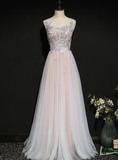 Light Pink Floral Tulle A-Line Prom Dress Long Party Dress HZ1023