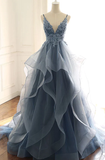 Blue v neck lace tulle long prom dress, evening dress HZ1023