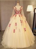 Beautiful Light Yellow Long Sleeves Quinceanera Dress, Ball Gown Sweet 16 Dress HZ1023