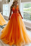 Elegant V Neck Beaded Orange Tulle Long Prom Dresses with Lace Appliques, Orange Lace Formal Graduation Evening Dresses HZ1023