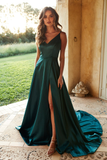 Green satin long prom dress A line evening dress HZ1023