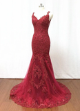 Elegant Burgundy Tulle Lace Long Mermaid Evening Dress, Beautiful Prom Dress HZ1023