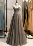 Glam Grey Beaded Tulle Long Evening Dress Party Dress, A-Line Straps Evening Formal Dresses Prom dress HZ1023