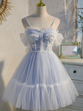 Adorable Light Blue Tulle Sweetheart Straps Party Dress With Lace, Short Tulle Prom Dresses HZ1023