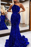 Royal Blue One-Shoulder Mermaid Prom Dress With Sequins HZ1023