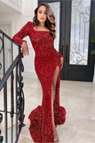 Red Long Sleeves Square Sequins Prom Dress Mermaid With Split HZ1023