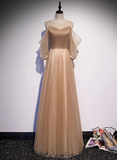 Champagne Tulle Long Puffy Sleeves Party Dresses, Beautiful Floor Length Prom Dresses HZ1023