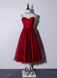 Beautiful Dark Red Tea Length Straps Wedding Party Dress, Homecoming Dress HZ1023