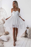 A-Line Straps Off-The-Shoulder High Low White Lace Homecoming Dress HZ1023