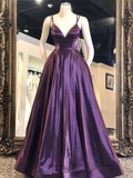 V Neck Purple Satin Long Prom Dresses, Purple Formal Graduation Evening Dresses HZ1023