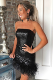 Black Sequin Strapless Feathered Short Party Dress HZ1023