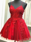 A Line V Neck Short Backless Red Lace Prom Dresses, Short Red Backless Lace Formal Homecoming Dresses HZ1023