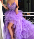 Spaghetti straps purple tulle prom dresses applique beaded v-neck long evening party dress HZ1023