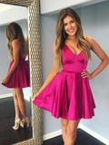 A Line V Neck Short Fuchsia Satin Prom Dresses, Short Pink Formal Graduation Homecoming Dresses HZ1023