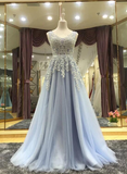 Light Blue V-Neckline Long Prom Dress, Blue Junior Prom Dress HZ1023