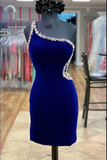 Royal Blue Velvet One-Shoulder Beaded Short Homecoming Dress HZ1023