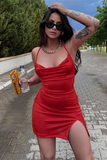 Red Cowl-Neck Lace-Up Bodycon Short Party Dress with Slit HZ1023