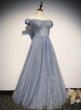 Beautiful Long Strapless Blue Tulle Beaded Long, A Line Off Shoulder Prom Dress HZ1023
