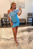 One-Shoulder Light Blue Sequins Feather Mini Homecoming Dress HZ1023