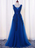 Elegant Blue Lace Applique Long Party Dress, Blue Prom Dress HZ1023